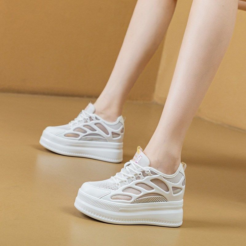 内增高女鞋2024夏季新款网面透气E厚底松糕底小个子夏天穿的小白