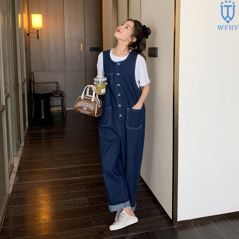 减龄牛仔连体背带裤女2024夏季新款韩系小个子薄款U宽松显瘦阔腿