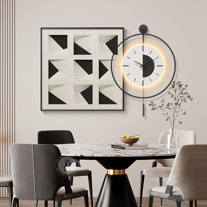 抽象几何餐厅装饰画带挂钟极简高级感客厅挂画大气饭厅墙壁灯画