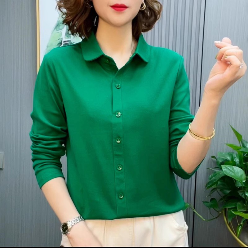 高档弹力纯棉长袖衬衫女设计感小众时尚宽松纯色衬衣pVolo领小衫