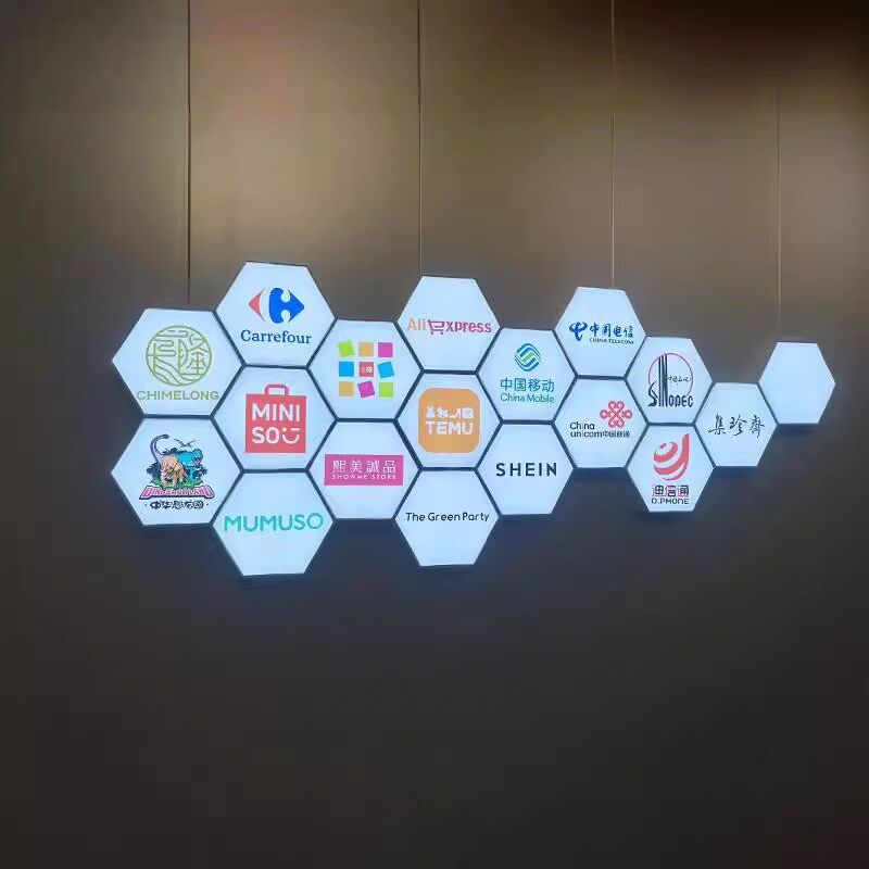 六角发光卡布灯箱logo文化墙 台球助教六边形软膜灯箱 宣传墙定制