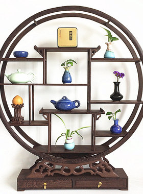 红木工艺b品鸡翅木小圆博古架茶壶紫砂壶实木雕底座古董多宝架摆