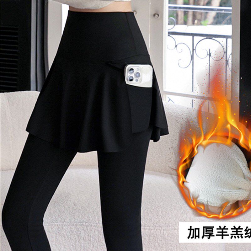加肥加大码加绒加k厚百褶裙裤假两件A字裤裙女胖mm保暖瑜伽打底裤