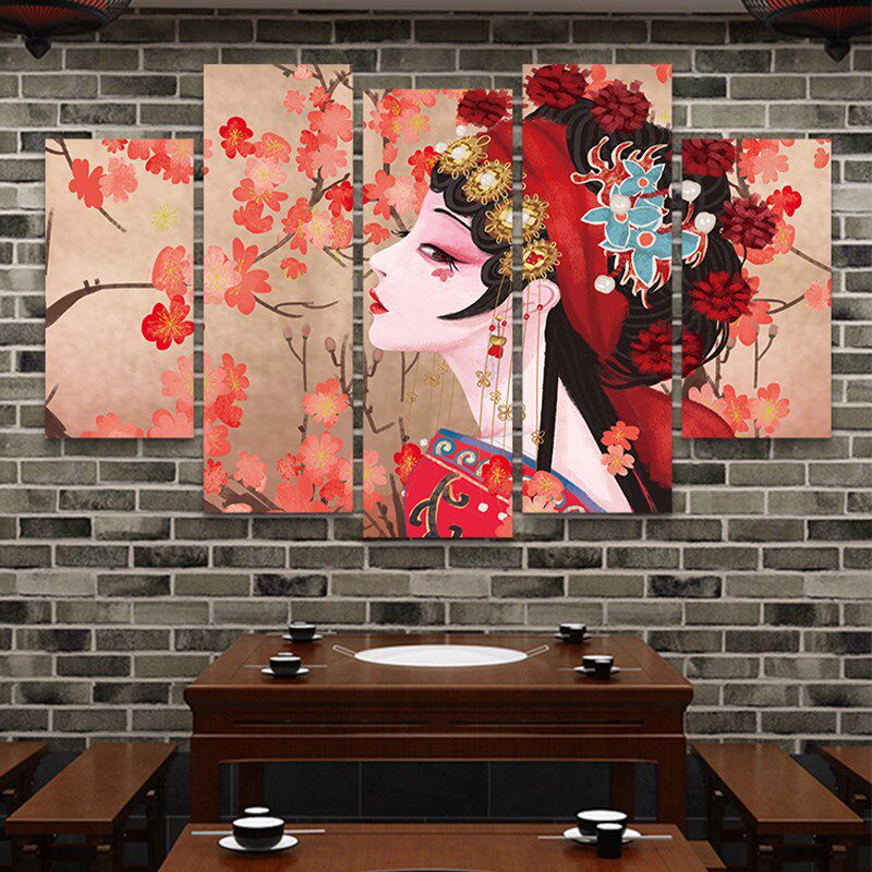 国潮风墙面装饰画火锅店饭店包厢包间背景墙壁画京剧花旦脸谱挂画