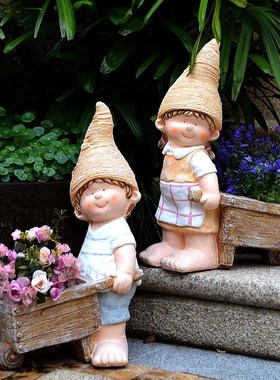 花园庭院别墅卡通推车娃娃工艺品户外园林幼儿园雕塑造景装饰摆件