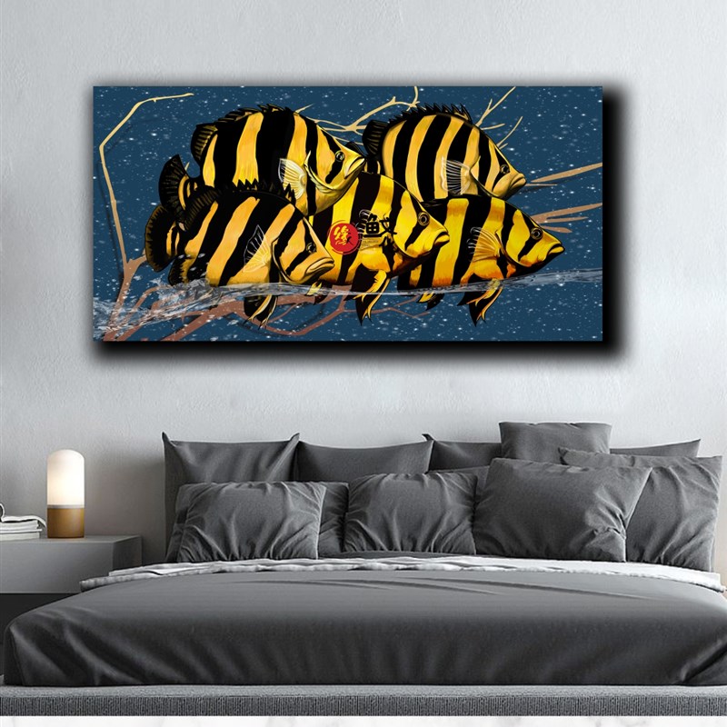 虎鱼装饰画办公室客厅水族馆招财艺术现代虎鱼茶台鱼缸后墙壁挂画