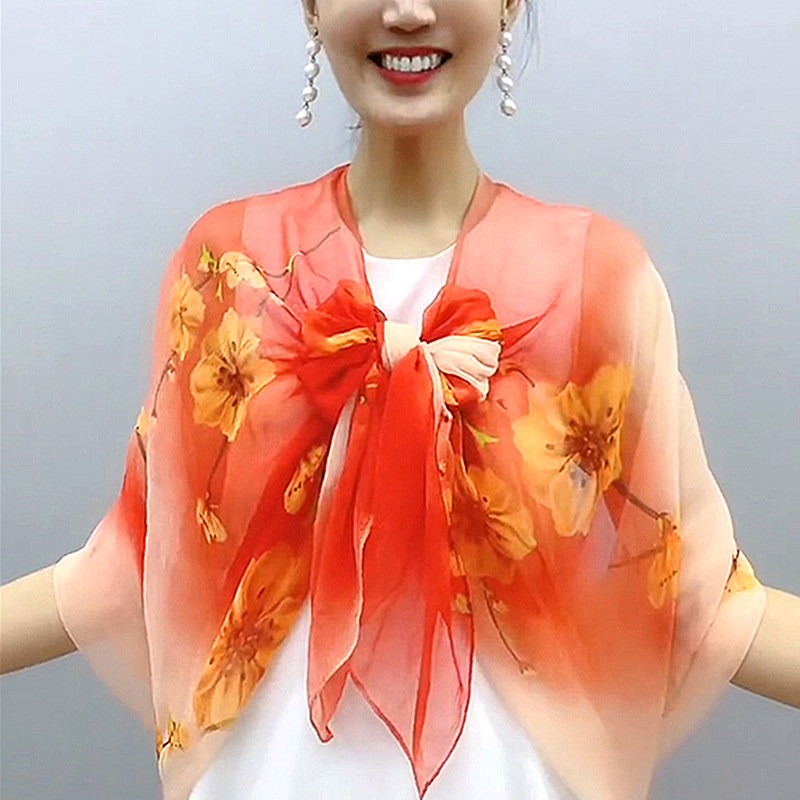 夏季薄款防嗮丝巾纱巾旅游拍照海边外搭披肩O围巾女长款百搭沙滩