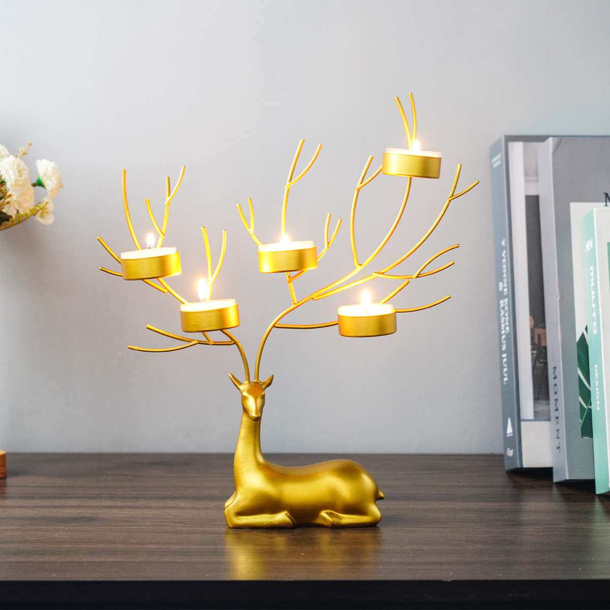 北欧风创意圣诞节麋鹿树铁艺蜡烛台家居浪漫烛光摆件亚跨境