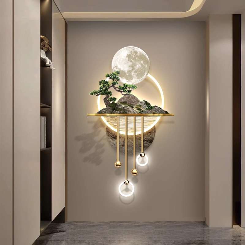 3d立体玄关装饰画过道走廊轻奢高档led发光壁灯画新中式山水挂画