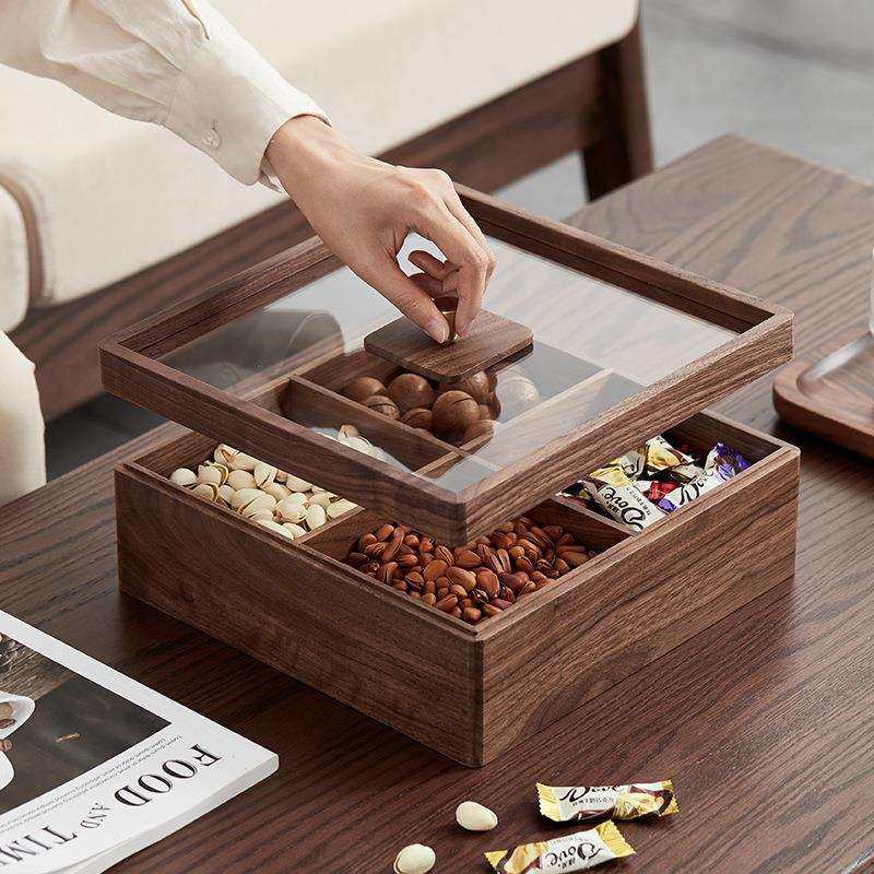 现货胡桃木干果盒实木带盖客厅坚果糖果新年招待客户四宫格果盘
