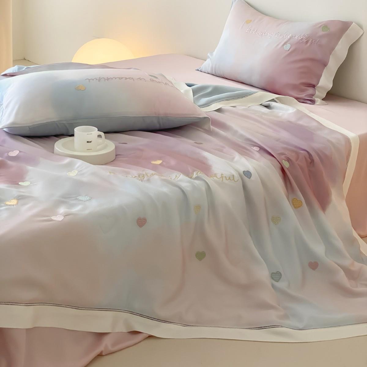 少女心夏季渐变色60S天丝夏凉被四件套爱心刺绣凉感丝滑床上用品
