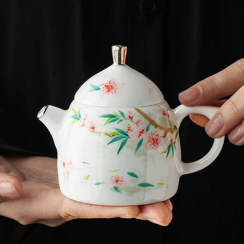 陶瓷手绘桃花茶壶泡茶家用功夫茶具一人用中式过T滤茶水壶单壶定