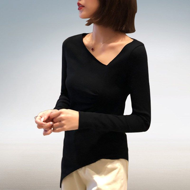 新款个性不规则紧身T恤女大码洋气长袖打底衫春夏黑纯色打底衫