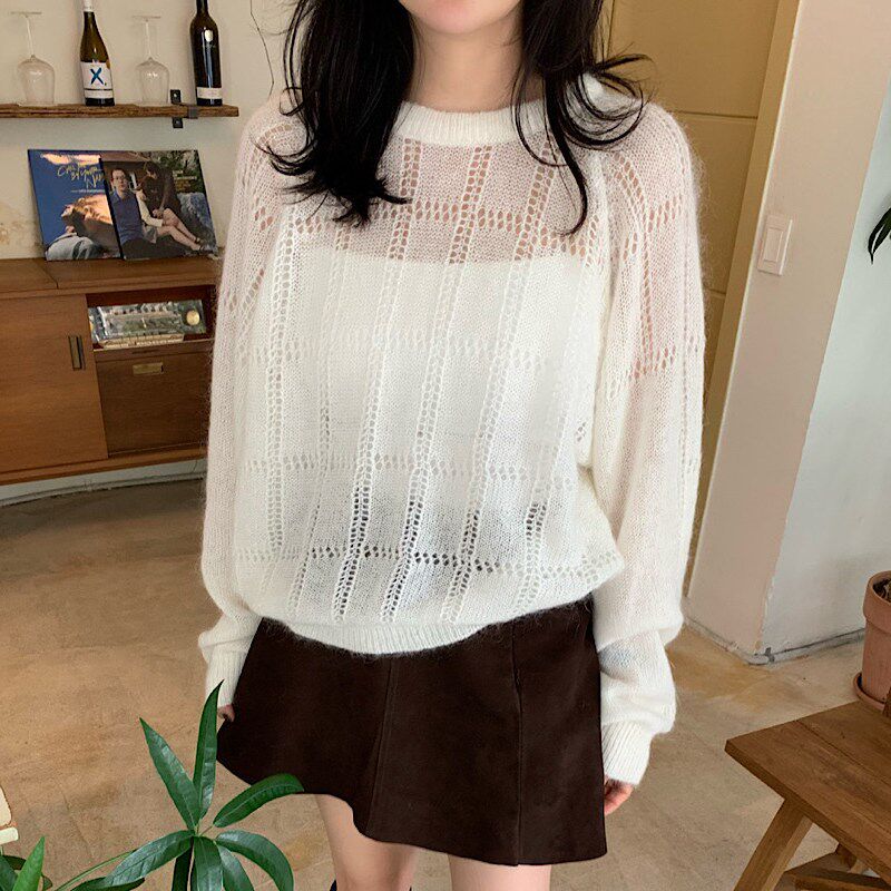 24冬季ribbhontie时尚百搭简约甜美清新少女范圆领套头镂空女毛衣