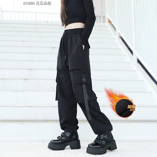 黑色工装裤女春秋冬2024新款酷飒美式小个子潮炸街登山加绒束脚裤