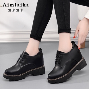 百搭坡跟松糕粗跟8cm 厚底内增高女鞋 2021春秋新款 英伦风漆皮单鞋