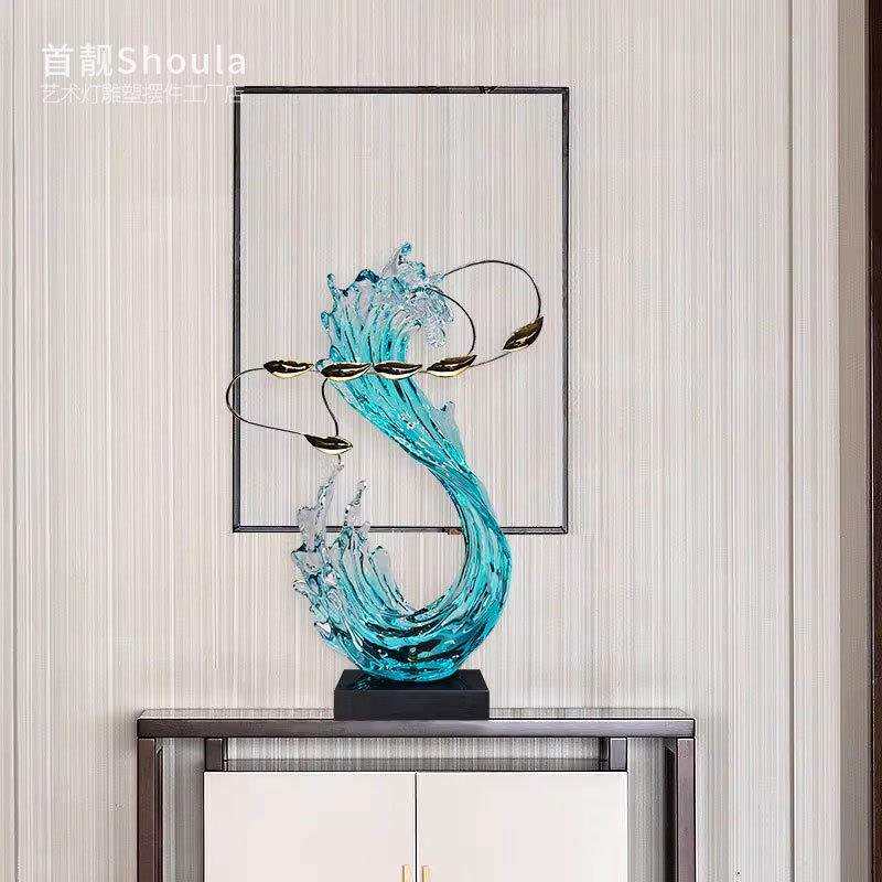 现代家居装饰工艺品透明树脂抽象雕塑样板房玄关客厅游鱼浪花摆件