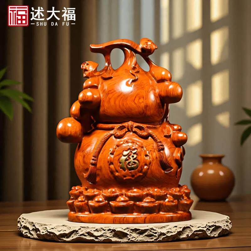 木雕摆件胖葫芦实木头雕刻家居客厅办公司书架店铺装饰摆设工艺品