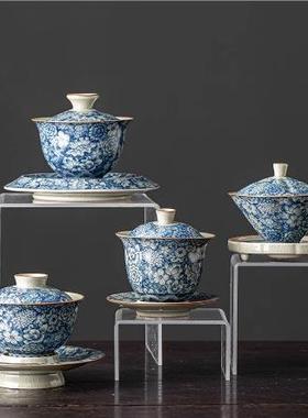 玩物尚置青花三才盖碗茶杯单个高档茶具家用复古防烫敬泡茶碗大号