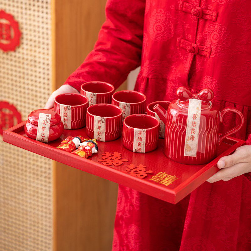 结婚庆敬茶杯中式订婚p用品改口红色新娘陪嫁婚庆茶壶茶具套装礼
