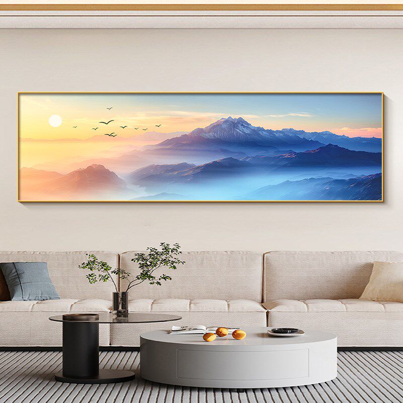 旭日东升客厅东墙装饰画背有靠山沙发后面挂画紫气东来Z卧室床头