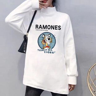 加绒加厚t恤女中长款大码打底衫冬白色高I领宽松2021年秋冬长袖体