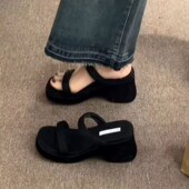 韩国厚底增高银色拖鞋 女夏外穿2025新J款 小个子一字带坡跟高跟凉