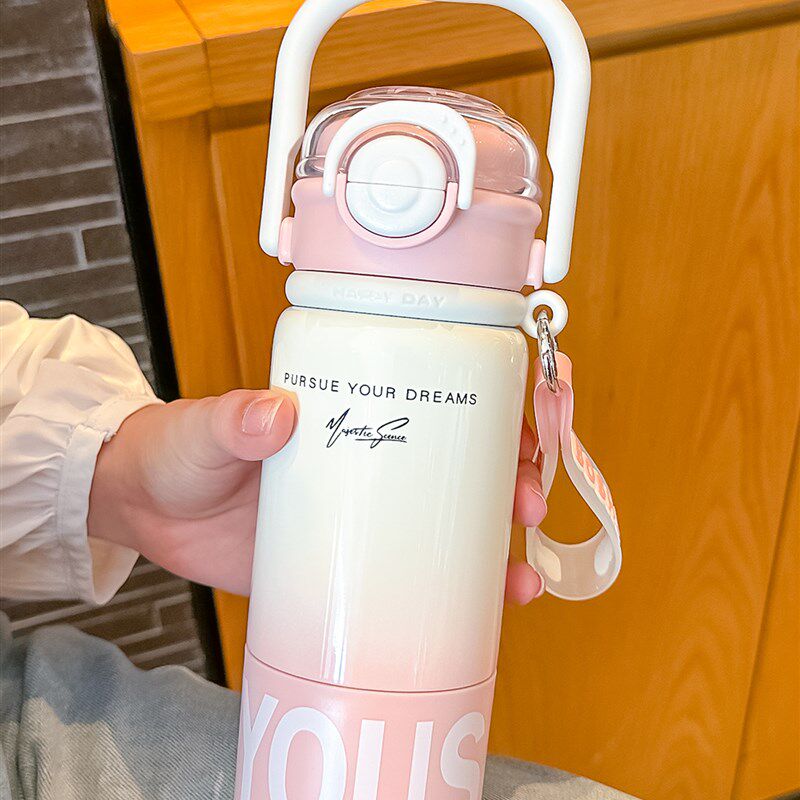 保温杯女新款双饮带吸管高颜值大容量31J6不锈钢便携上学专用水杯