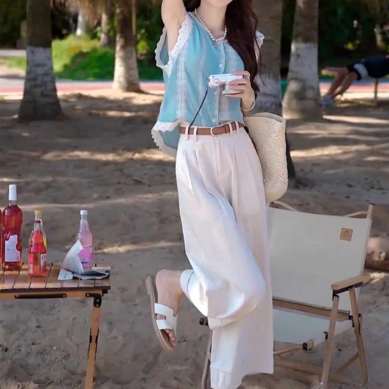 夏装搭配一整套小个子无袖衬衫阔腿E裤时尚洋气减龄显瘦遮肉两件