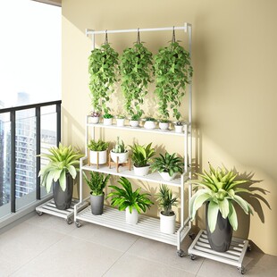 铁艺花架置物架阳台多层落地式多肉花架子白色Q带轮阶梯式花盆架