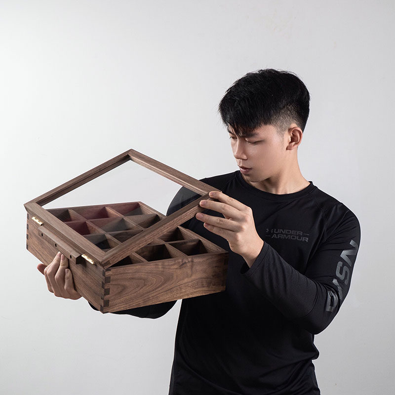 黑胡桃木收纳f盒分格12格分类木盒子玻璃盖翻盖式燕尾榫结构储物