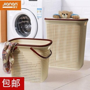 健安仿藤编洗衣收纳筐塑料衣物收纳篮脏衣篓V家用手提带盖