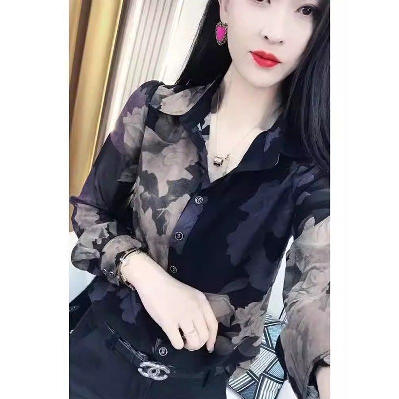 2024春秋新款百搭时尚印花雪纺衬衫女长袖显瘦洋气设计感长袖衬衣