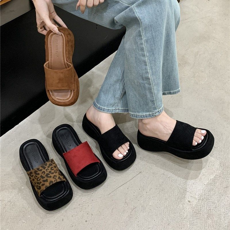 松糕厚底豹纹一字拖鞋女夏外穿2025新款小个子配阔腿裤凉拖鞋