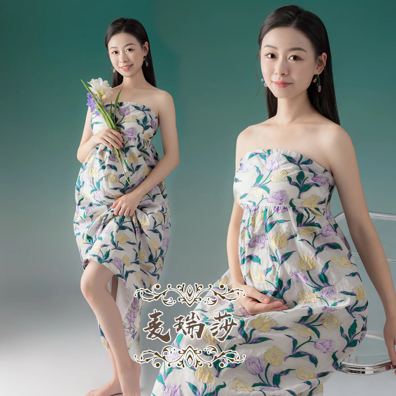新款孕妇拍照服装影楼o夏季小清新碎花抹胸裙孕妈咪大肚摄影艺术