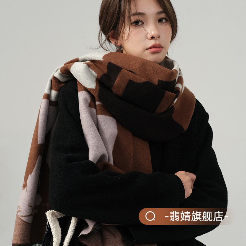围巾冬季女披肩两用日系高级感韩系百搭千鸟格秋冬天黑色2024新款