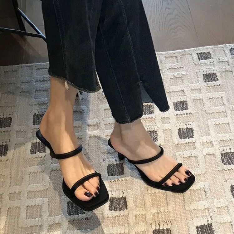 黑色法式高级感一字拖鞋女2024夏季F新款女鞋细跟高跟凉鞋外穿凉