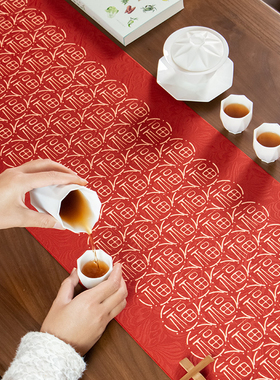 福运满满红色桌旗中式茶席桌旗布防水茶桌茶几餐桌V茶旗结婚桌布