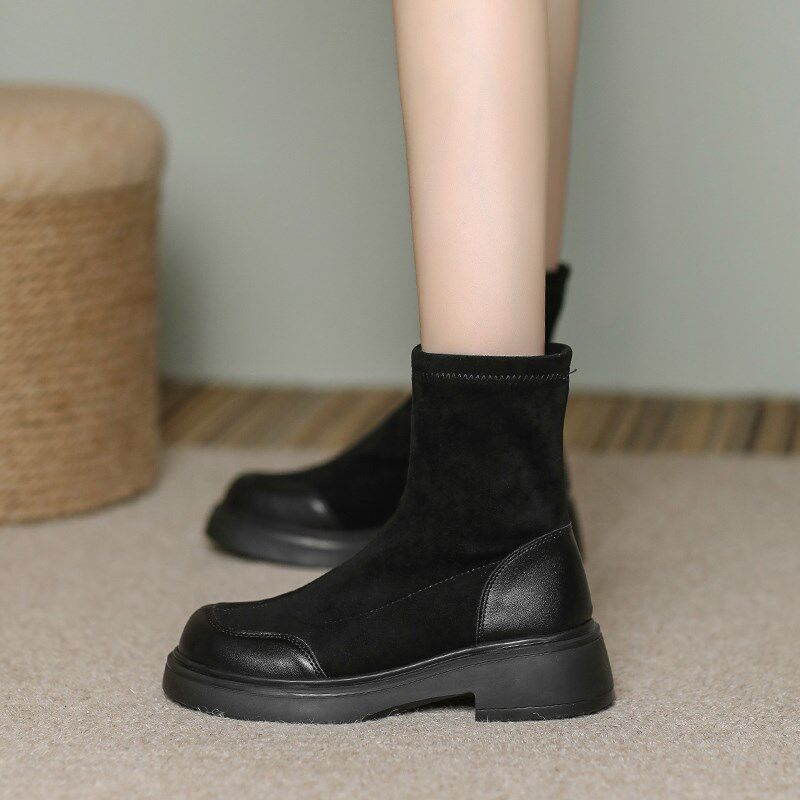 黑色短靴女粗跟厚底2m024秋冬新款小码3334小个子马丁靴弹力靴子