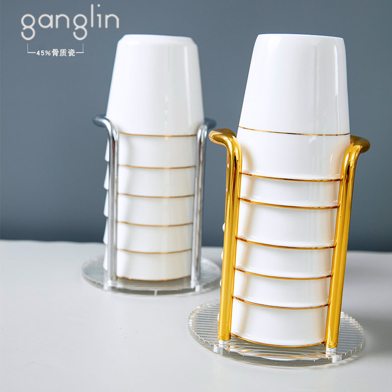 耐高温骨瓷杯子套装家用家庭客厅待客泡茶杯陶瓷水杯喝水杯子带架