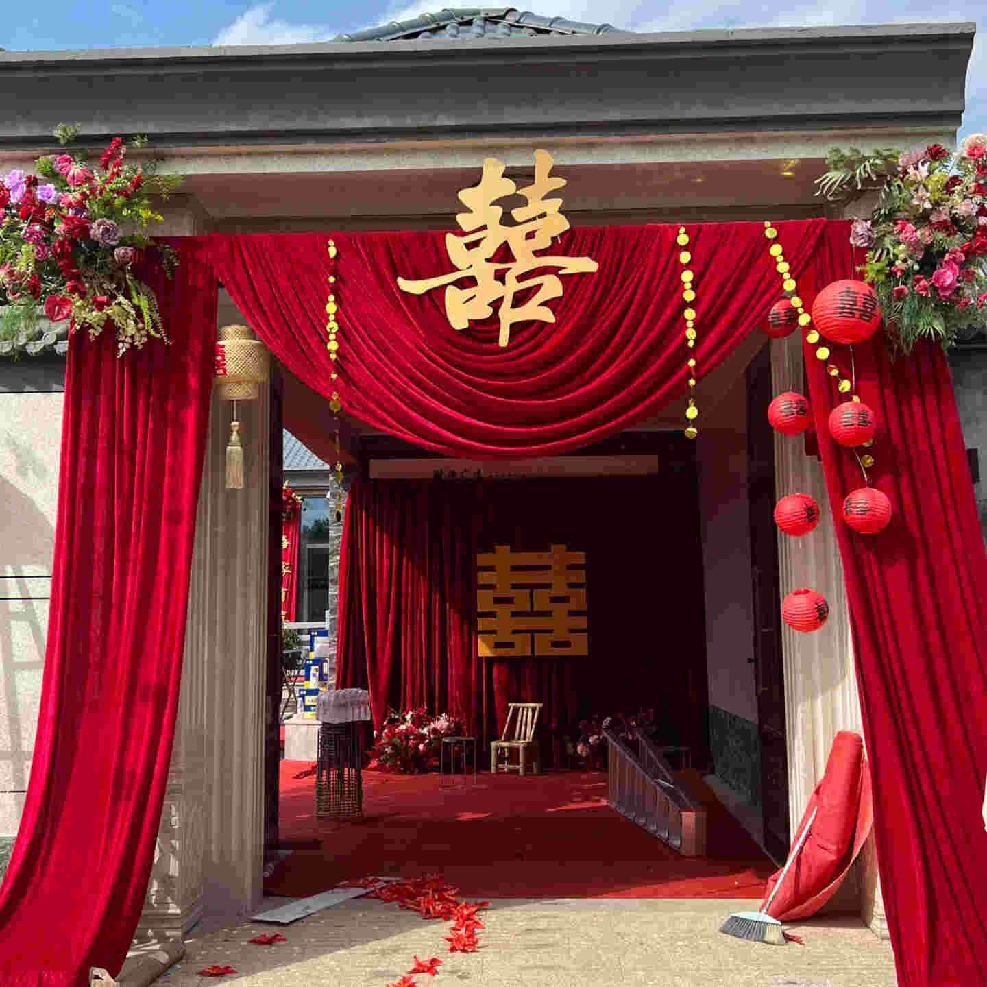 结婚大门口布置农村庭院院子套装自建房女方拱门拉花布幔装饰灯笼