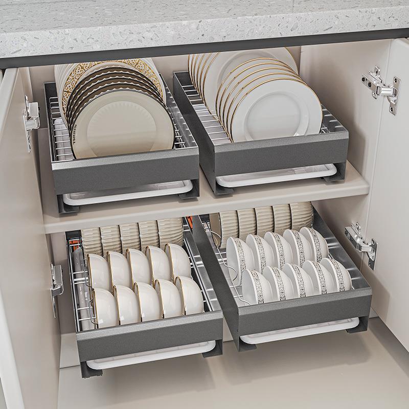 小尺寸橱柜拉篮抽拉式置物架收纳架不锈钢碗碟碗盘单层沥水架