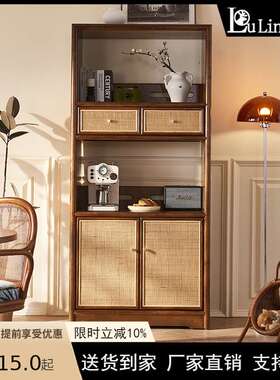 新中式实木藤编餐边柜小户型双柜门带抽屉中古风大容量储物高柜