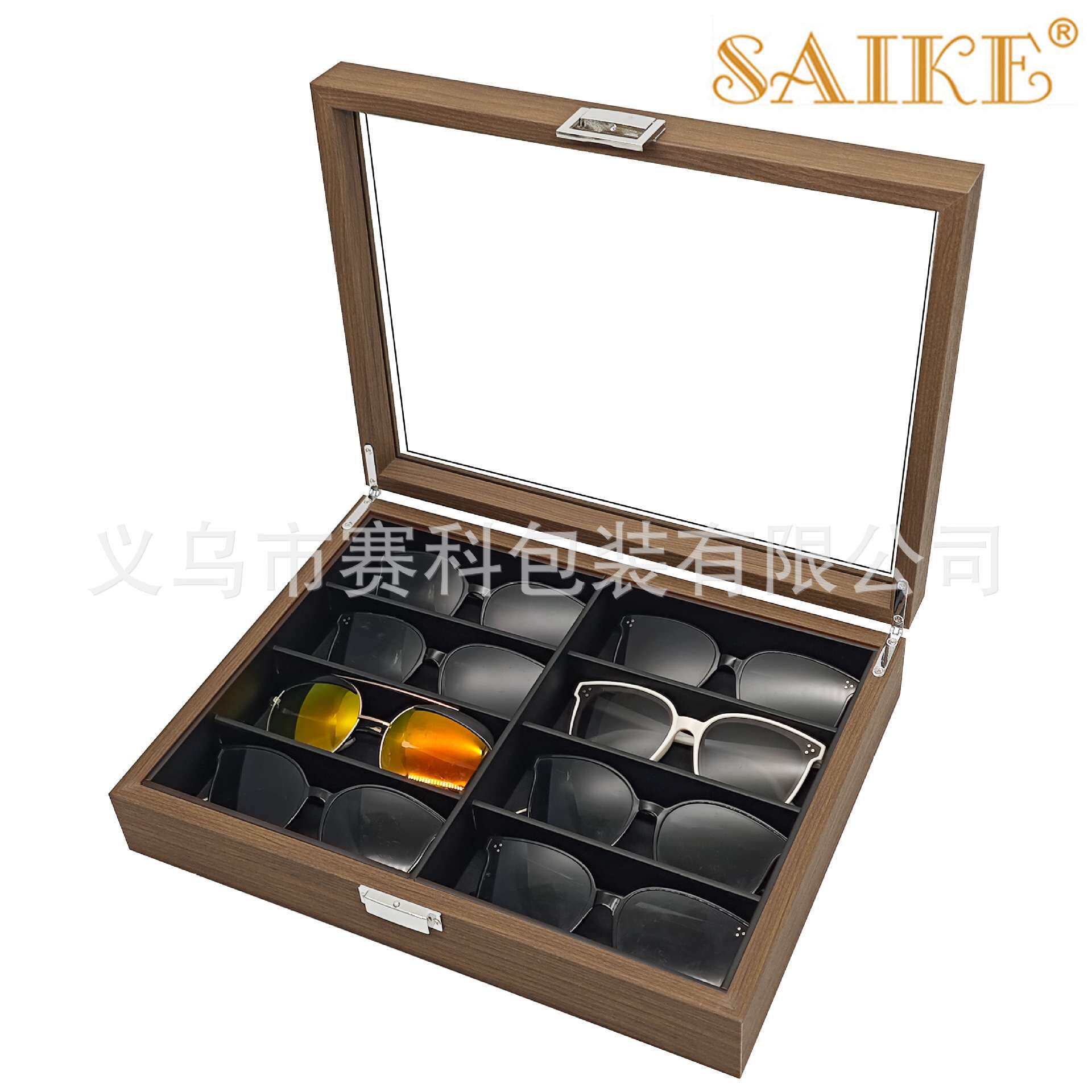 现货黑胡桃纹木质高档8位眼镜收纳展示盒8只装太阳镜墨镜收纳箱