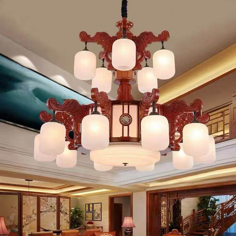 中式实木别墅复式楼大吊灯茶楼古典吊灯中国风仿古客厅餐厅陶瓷灯