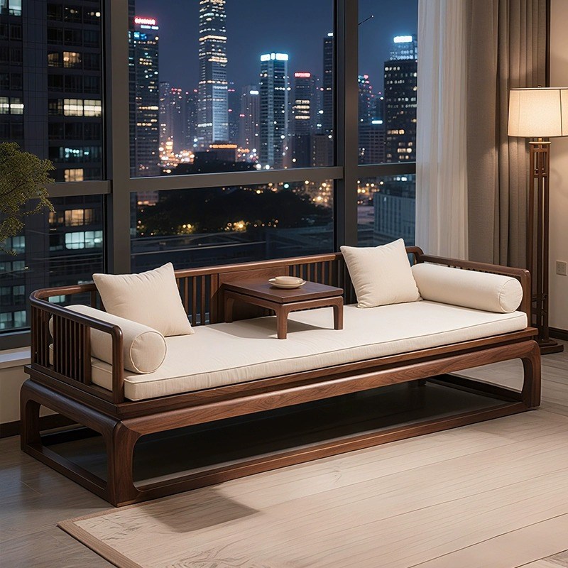 新中国风北e美蜡黑胡桃罗汉床简单现代客厅经典定制实木沙发