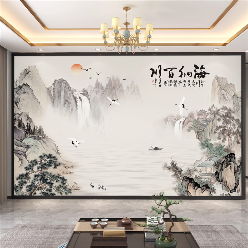 电视背景墙壁画新中式山水画流水生财壁布J3D立体壁纸客厅影视墙
