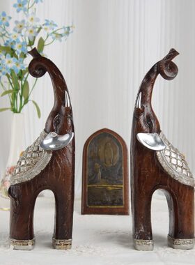 西洋装饰摆件大象美国一 居家手工制作复古个 木质实木收藏品