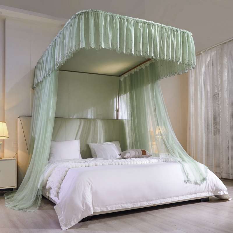 新款防尘顶du型导轨蚊帐家用卧室三开门落地加密床幔加厚伸缩支架