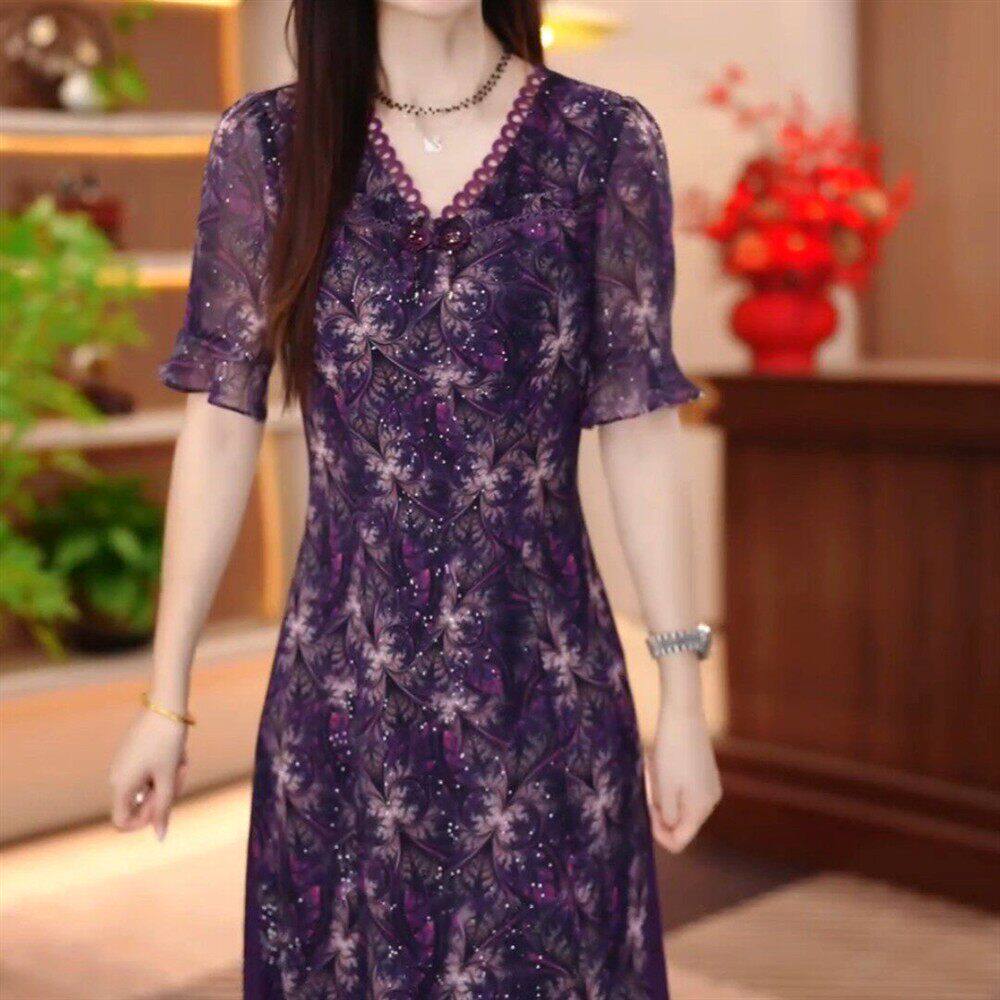 印花显瘦2026镂空裙子中长款法式气质修身新款连衣裙夏季韩版减龄